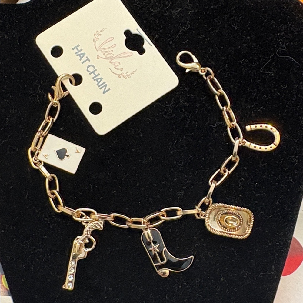 Viola | NWT Trucker Hat Charm Chain Cowgirl Ace Outlaw Gambler Gold Tone